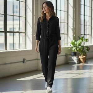 FRNCH PARIS Women’s drawstring long sleeve JUMPSUIT Black Size Small
